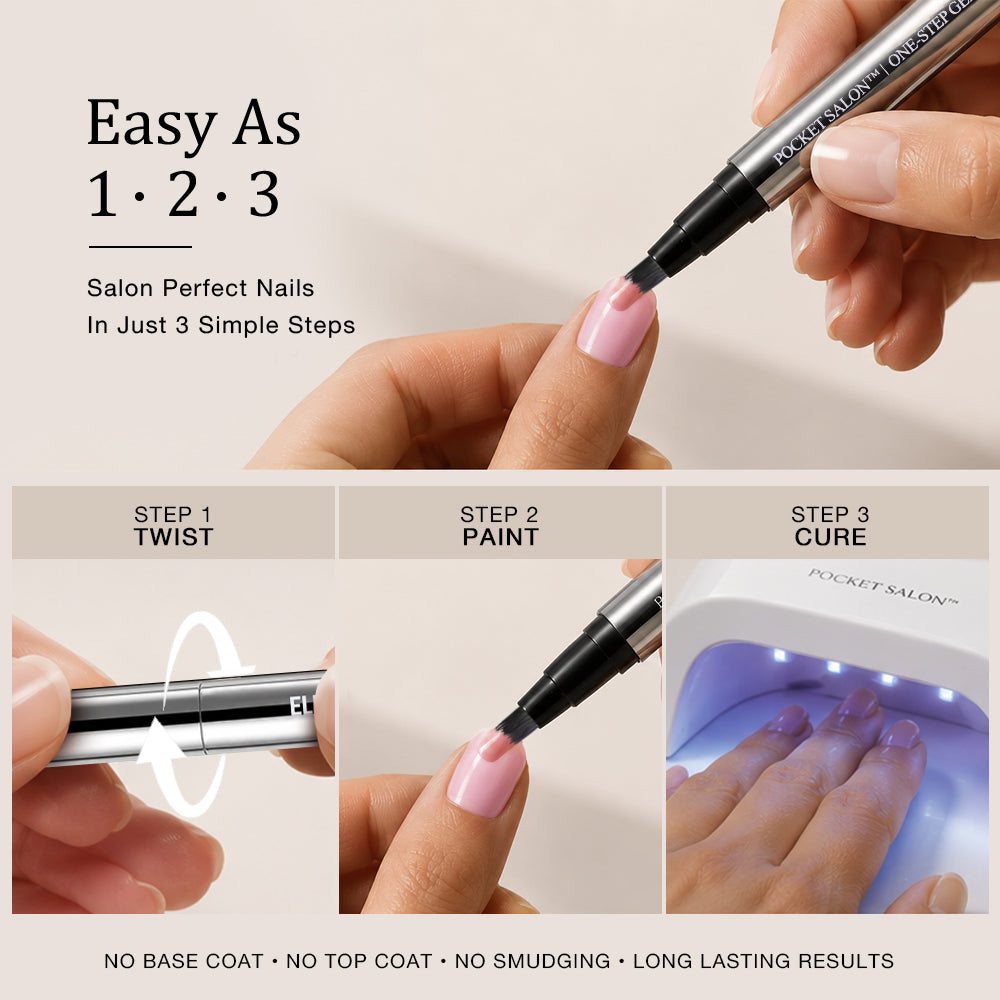 Mode d’emploi : tourner pour libérer le gel, appliquer sur l’ongle, puis catalyser sous la lampe ELLIE YOUNG